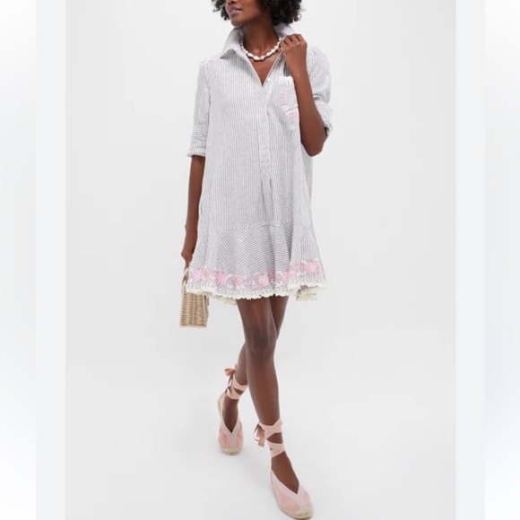 NWT Tuckernuck Callahan Tan Stripe Embroidered Long Sleeve Mini Dress - Picture 3 of 10